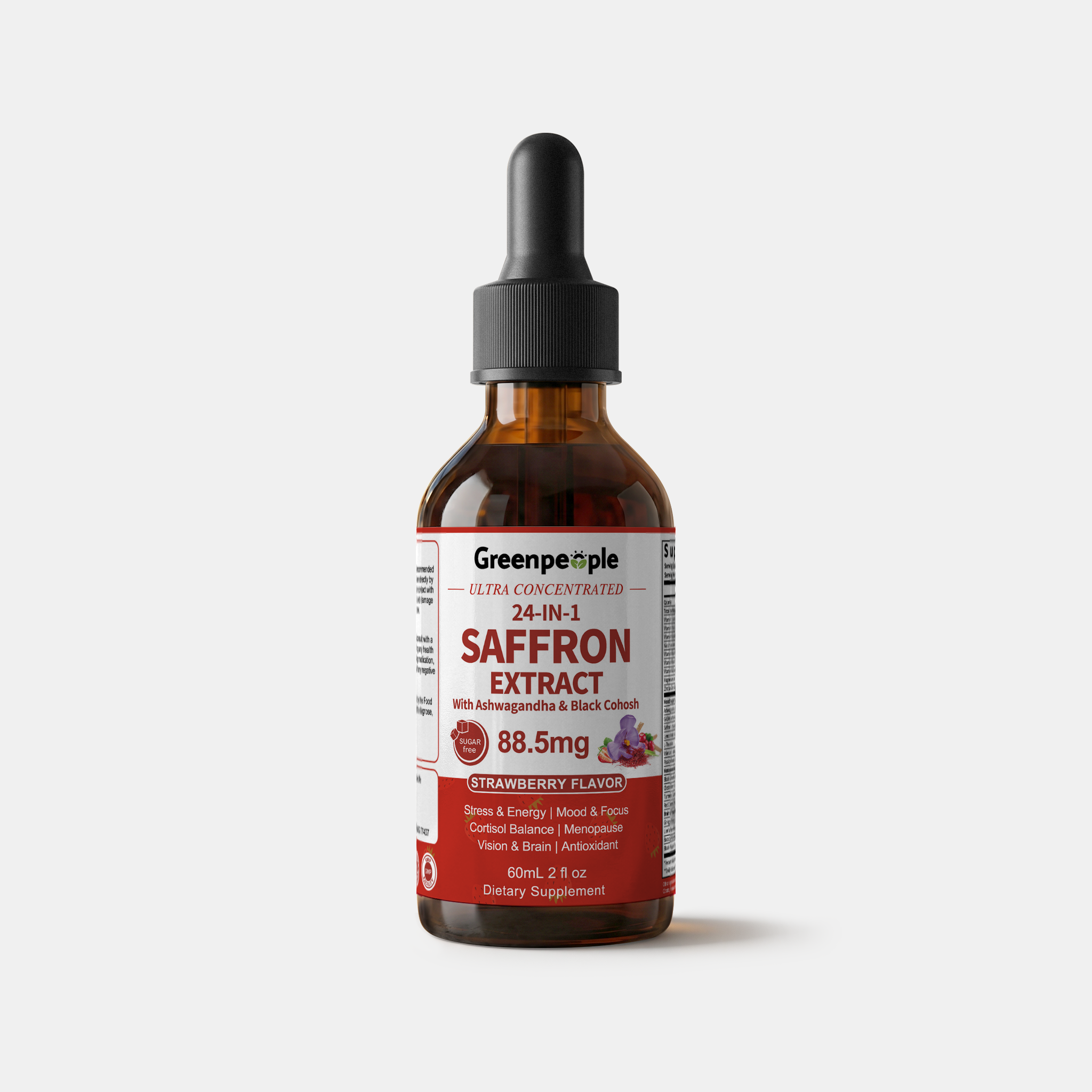 GreenPeople Saffron Drops bottle with dropper cap, amber glass container showcasing saffron extract for culinary and health use.