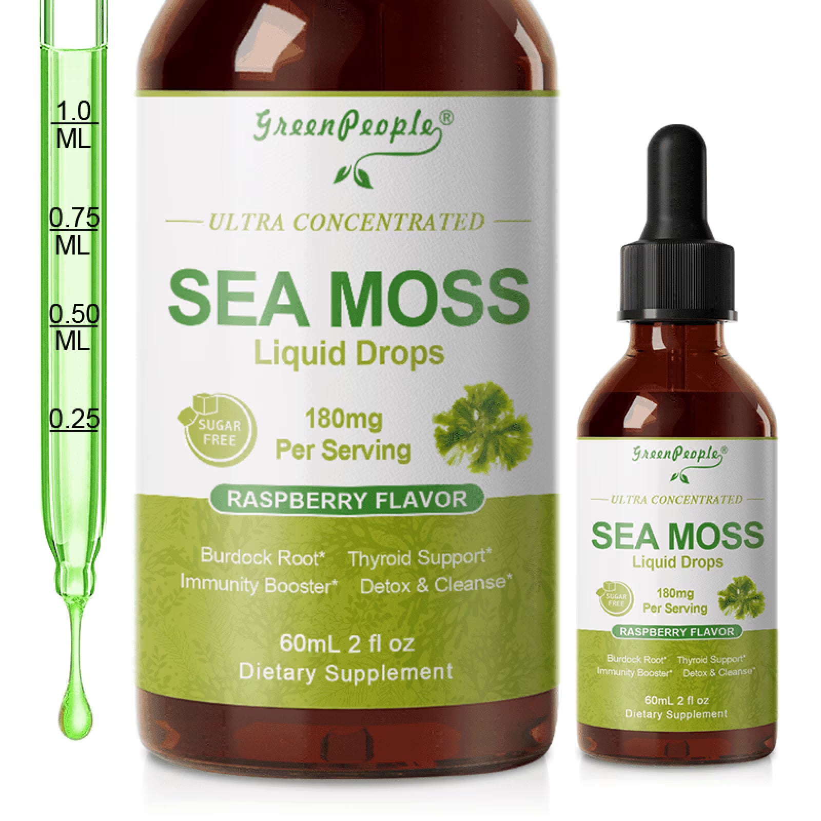 GreenPeople Irish Sea Moss Liquid Drops with burdock root and spirulina, thyroid support and immunity booster, 2 fl oz bottle.