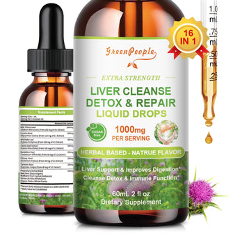 GreenPeople 16-in-1 Liver Support Liquid Drops with milk thistle seed extract, 2 fl oz bottle for liver cleansing and health.