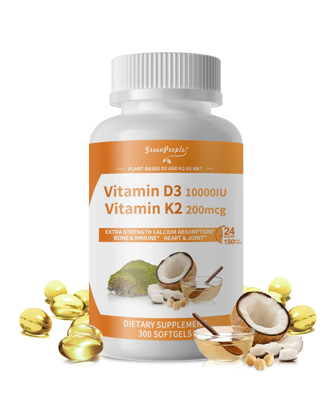 GreenPeople D3 K2 Vitamin Softgels Capsules Supplement MK7 Gluten Free and Non-GMO 300 Vegan Coconut Oil - GreenPeople