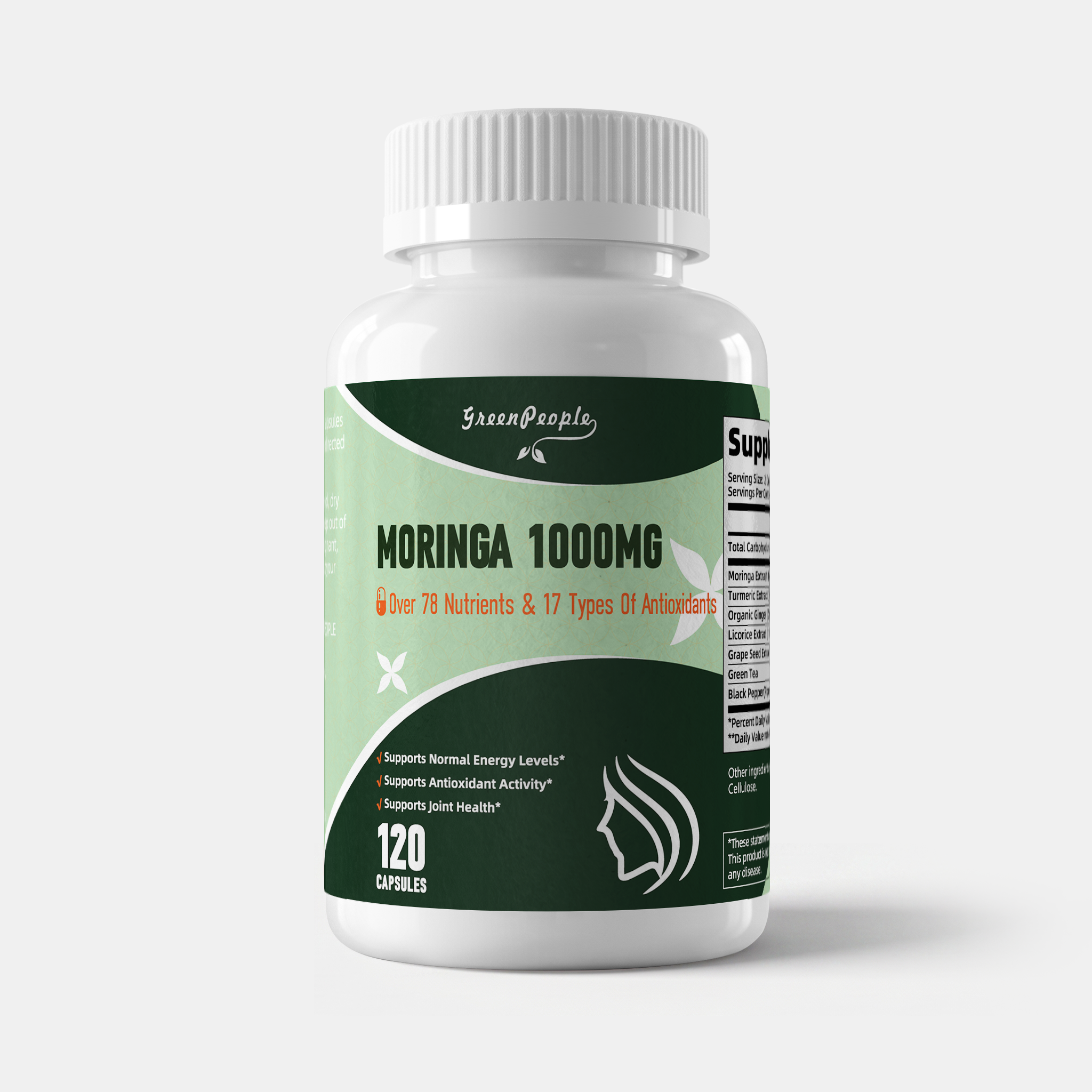 GreenPeople Liposomal Moringa capsules with turmeric and ginger, vegan supplement in a bottle of 120 capsules.