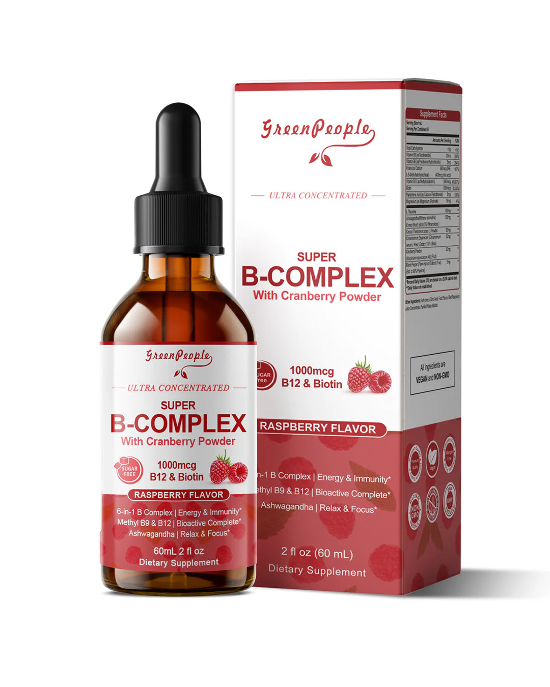 Super B Complex Liquid | B12 Methylcobalamin + Methyl Folate | B Vitamins Complex Liquid Drops with B3,B5,B6,B7, Ashwagandha & L-Theanine for Energy, Focus & Immunity, Vegan, 2fl Oz - GreenPeople