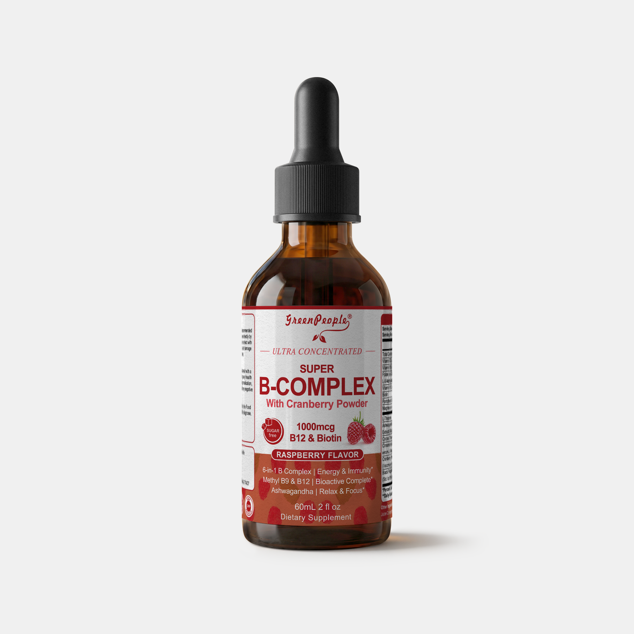 GreenPeople Super B Complex liquid drops in a 2 fl oz (60 mL) bottle, with a dropper for easy dosage.
