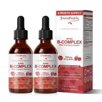 GreenPeople Super B-Complex Liquid Drops – Methyl B12 & Methyl Folate + B3, B5, B6, B7, Ashwagandha & L-Theanine for Energy, Focus & Immunity, Vegan Raspberry, 4 fl oz