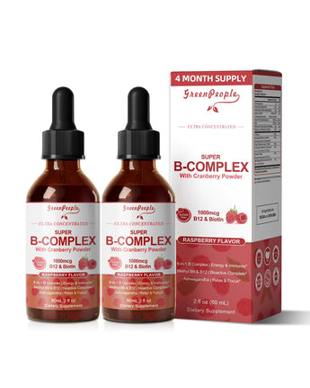 GreenPeople Super B-Complex Liquid Drops – Methyl B12 & Methyl Folate + B3, B5, B6, B7, Ashwagandha & L-Theanine for Energy, Focus & Immunity, Vegan Raspberry, 4 fl oz