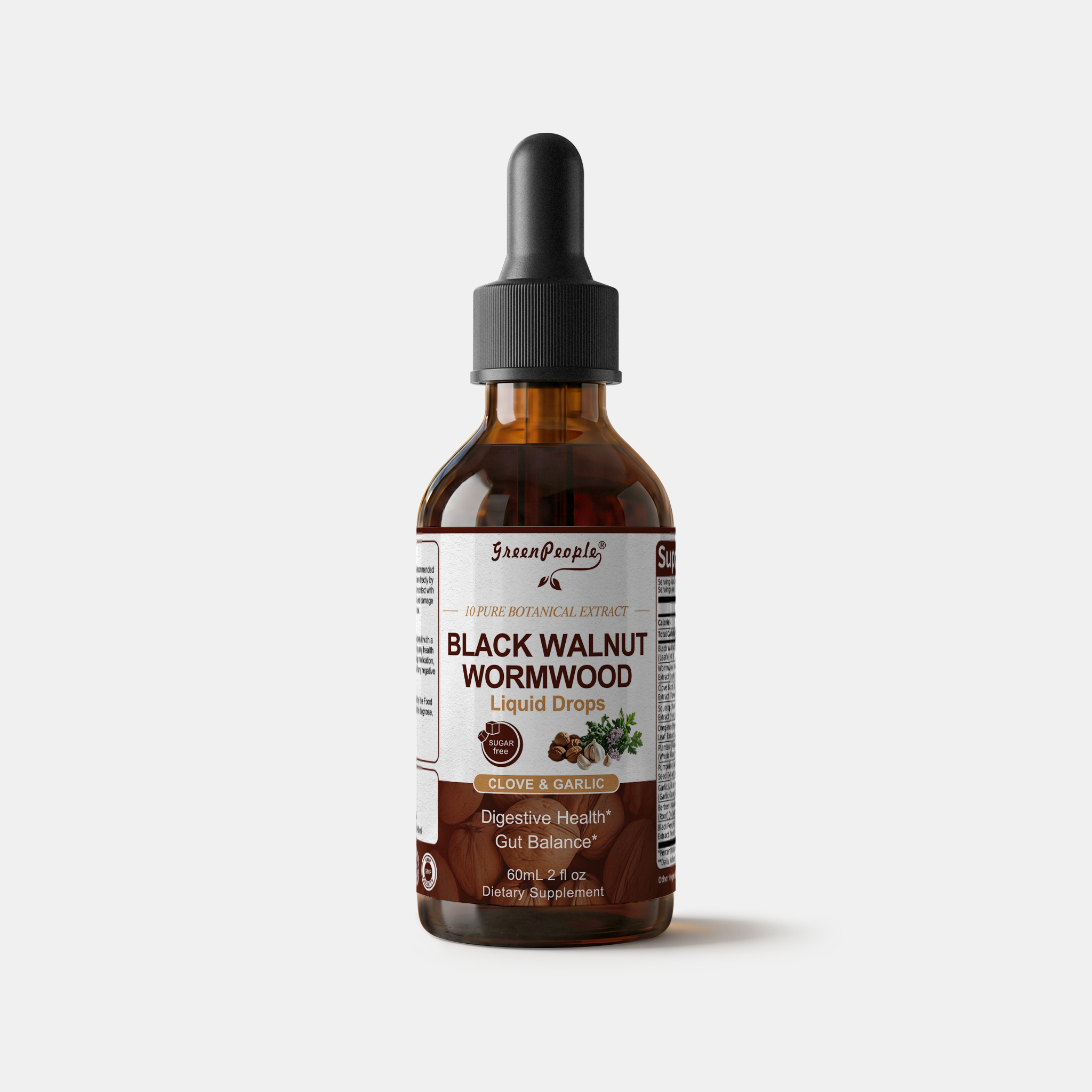 GreenPeople Black Walnut and Wormwood drops in a 2 fl oz bottle, with dark liquid inside and dropper cap for herbal supplement use.