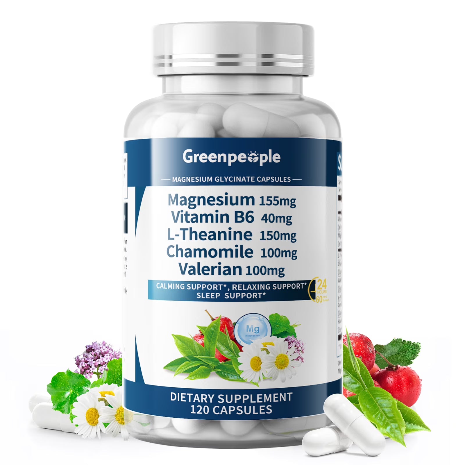 GreenPeople Magnesium Glycinate capsules with Vitamin B6 and L-Theanine, 120 soft gel capsules on a white background.