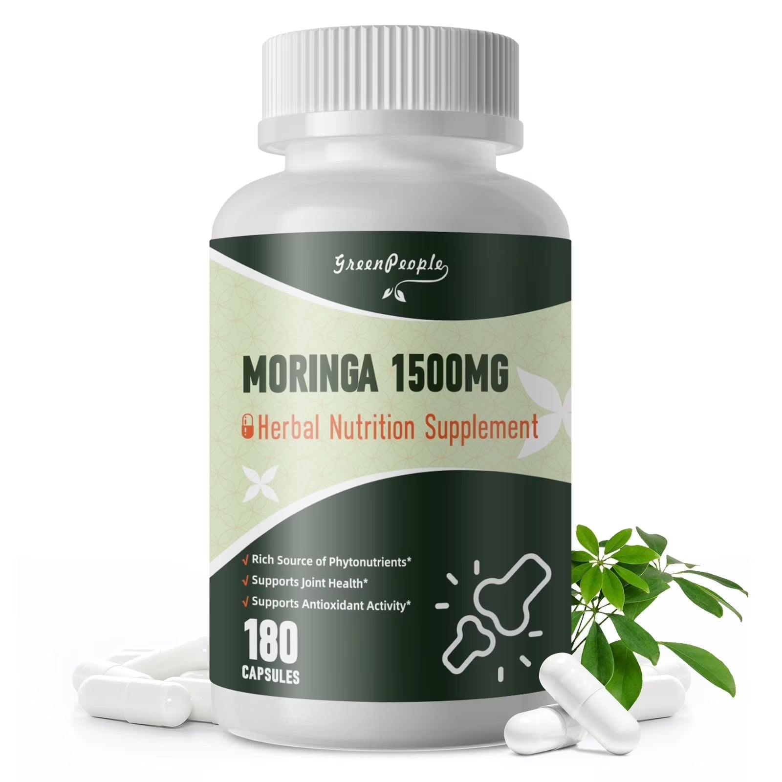 Moringa Pure Capsules, Rich Moringa Powder, Natural Green Moringa Leaf Extract Superfood - Supports Energy, Skin Health, Gut Health, 180pcs - GreenPeople