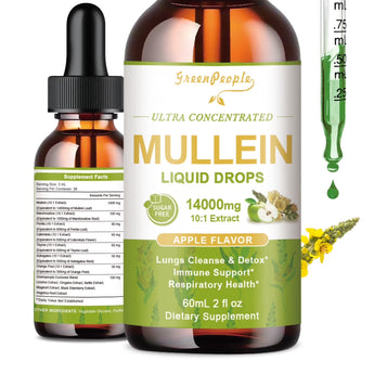 Vegan Mullein Drops for Lung Health by GreenPeople in a 60ml bottle with apple flavor, featuring mullein leaf extract for lung cleanse.