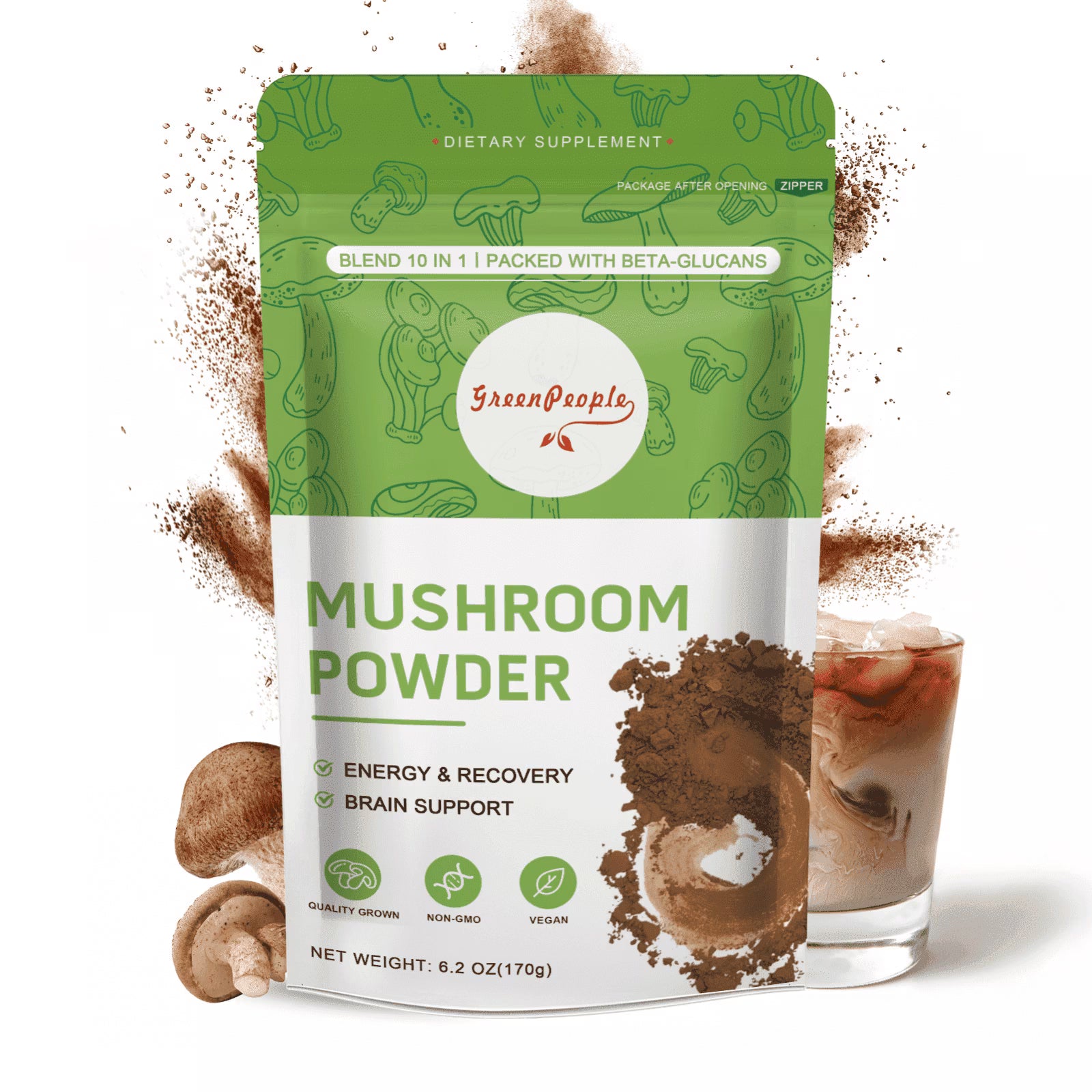 GreenPeople mushroom coffee blend with 10 mushrooms and cordyceps superfood powder in a 6.2oz jar, ready for brewing.