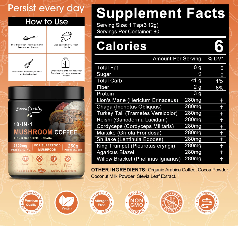 GreenPeople 10-in-1 Mushroom Instant Coffee 120g | Awaken Your Mind & Body - GreenPeople