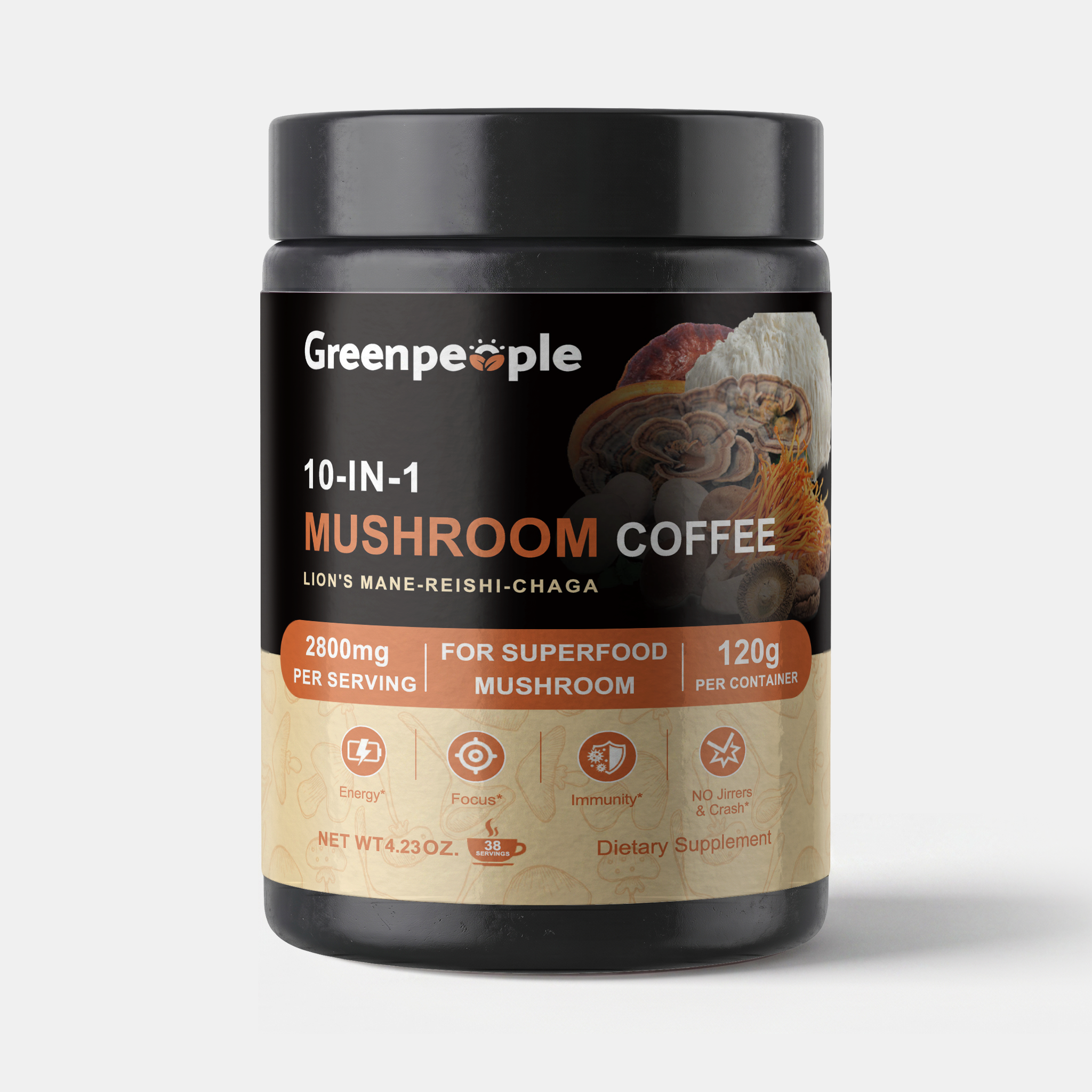 GreenPeople 10-in-1 Functional Mushroom Instant Coffee 120g in a jar, showcasing the packaging and product label.