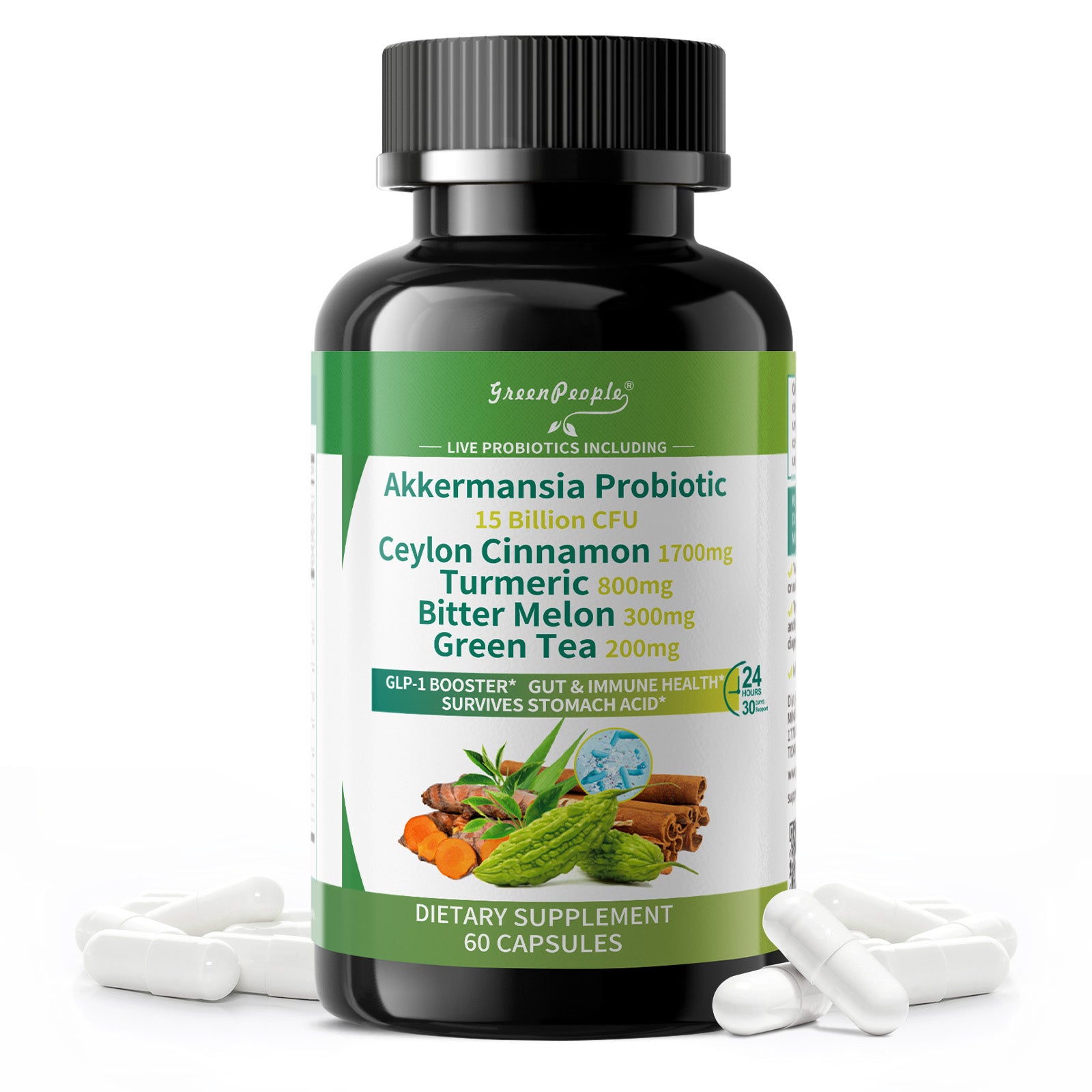 GreenPeople Akkermansia Probiotics 15B CFU with Ceylon Cinnamon & Turmeric – Gut & Metabolic Support, 60 Capsules - GreenPeople