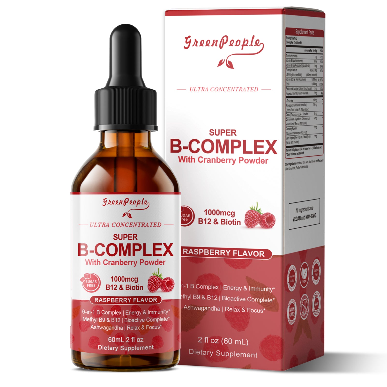 Super B Complex Liquid | B12 Methylcobalamin + Methyl Folate | B Vitamins Complex Liquid Drops with B3,B5,B6,B7, Ashwagandha & L-Theanine for Energy, Focus & Immunity, Vegan, 2fl Oz - GreenPeople