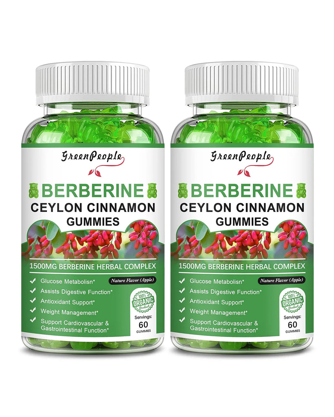 (2Pack) Berberine Gummies 1500mg with Ceylon Cinnamon Sugar Free 120 CT Apple Flavor - GreenPeople
