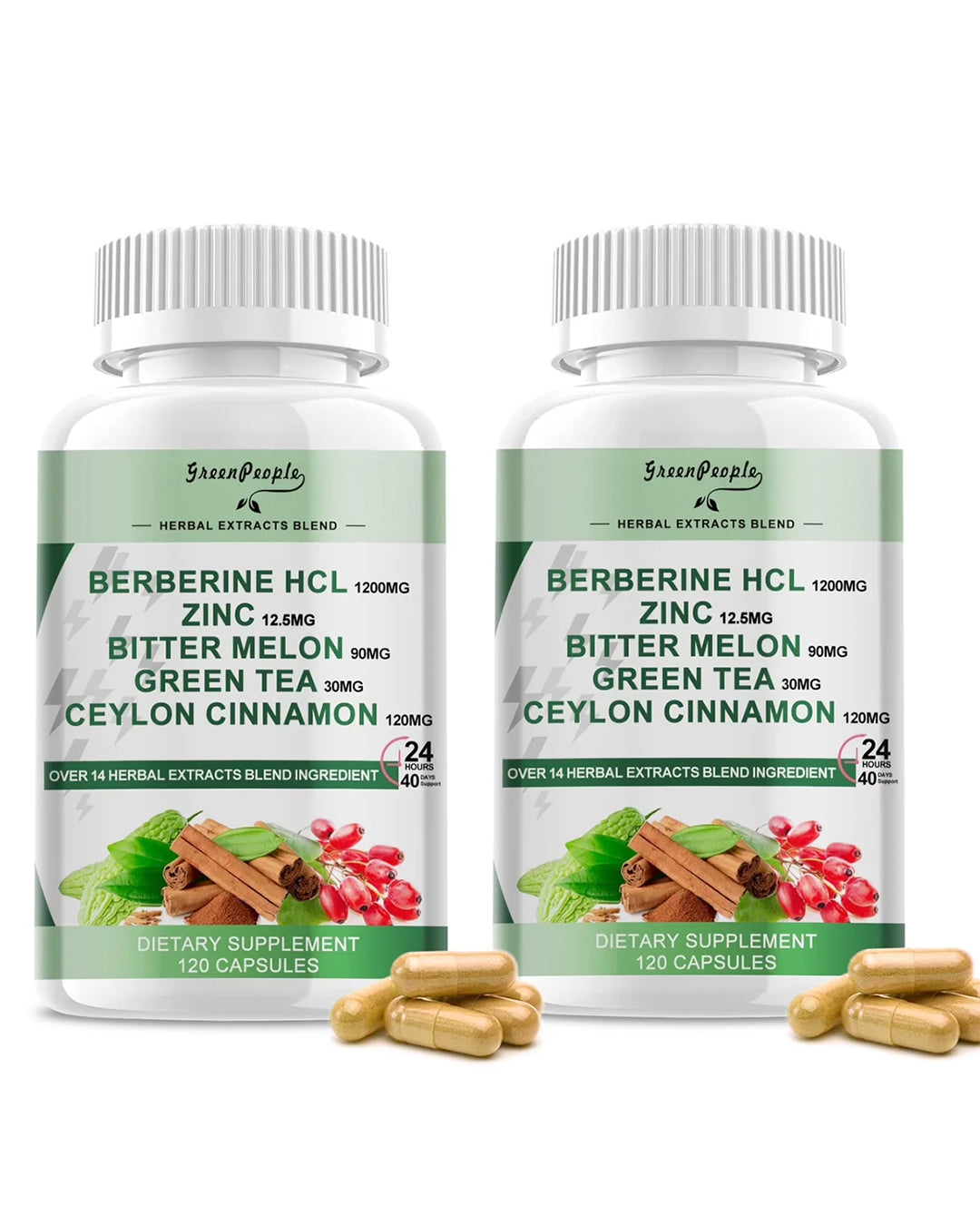 Berberine HCL 1200mg, 120 Capsules Berberine Supplement- Plus Bitter Melon Extract & Ceylon Cinnamon for Immune System - GreenPeople