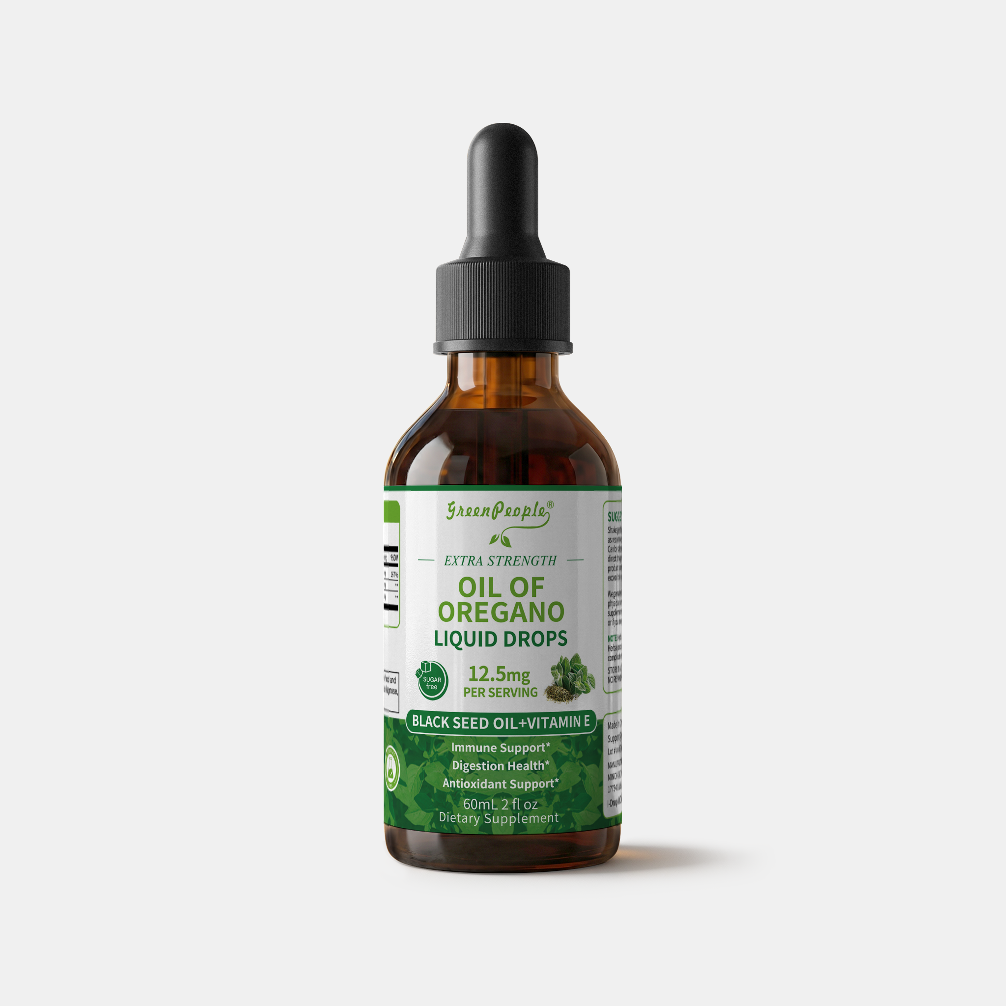 GreenPeople oregano drops in a 60ml dark glass bottle with a dropper cap, showcasing herbal supplement packaging.