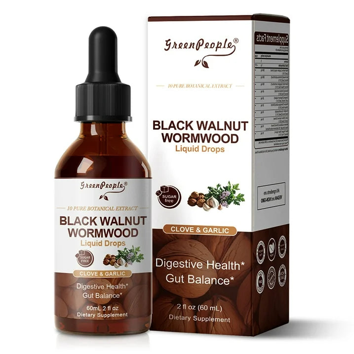 GreenPeople herbal digestive drops in a glass bottle, featuring black walnut, wormwood, clove, and garlic extract for gut health support.