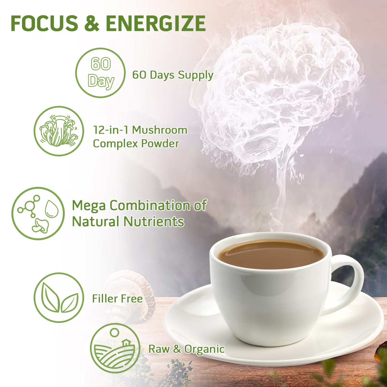 GreenPeople mushroom coffee superfood powder with 10 mushroom blend and cordyceps, 6.2oz jar, includes 60 servings.