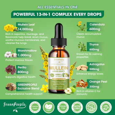 GreenPeople Mullein Drops for Lungs in a 60ml bottle with apple flavor, featuring vegan mullein leaf extract for lung health and immune support.