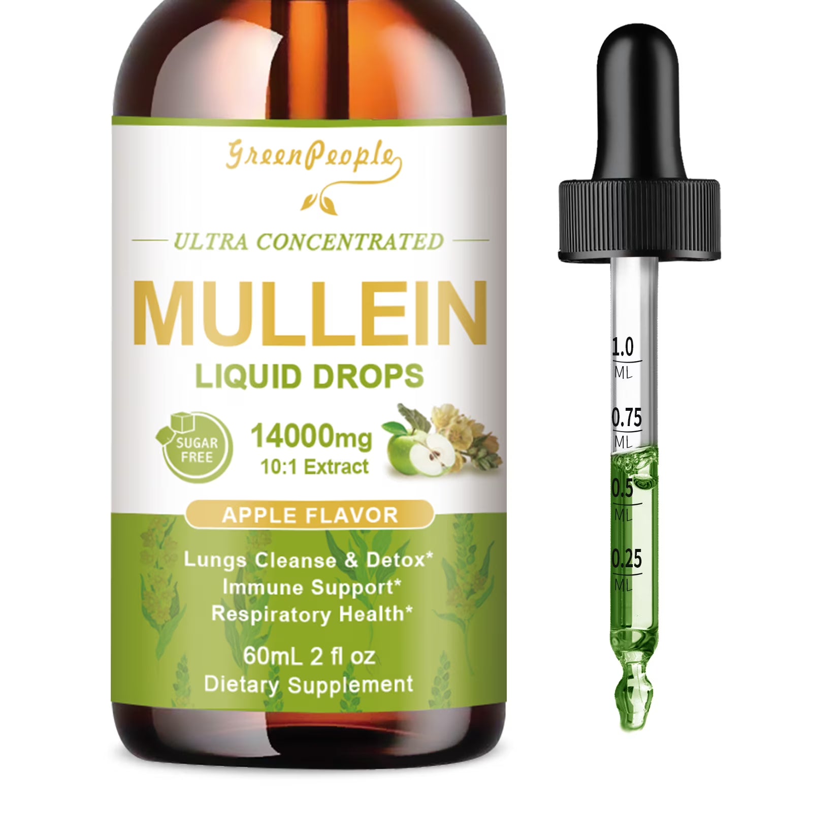 GreenPeople vegan Mullein Drops for lungs, apple flavor, 4 fl oz, with mullein leaf extract for lung cleansing and immune support.