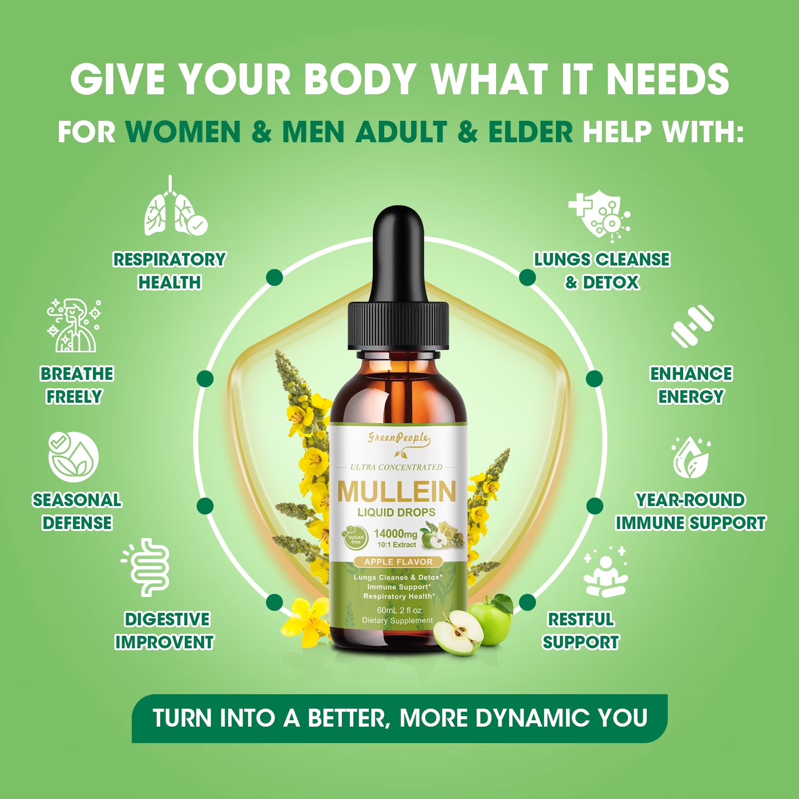 GreenPeople vegan Mullein Drops for lungs in 4 oz bottle, apple flavor, featuring mullein leaf extract for lung health and immune support.