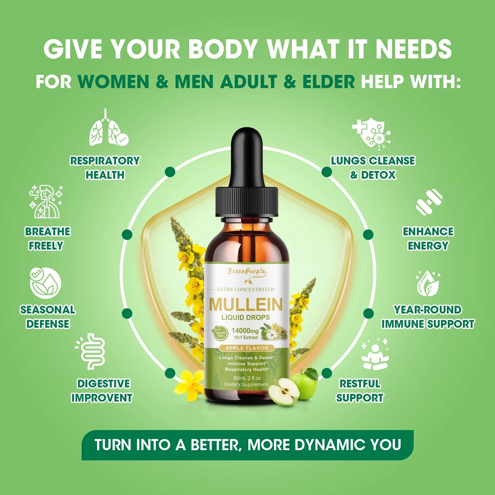 Vegan mullein leaf extract drops for lungs and immune support in a 60ml bottle with apple flavor from GreenPeople.