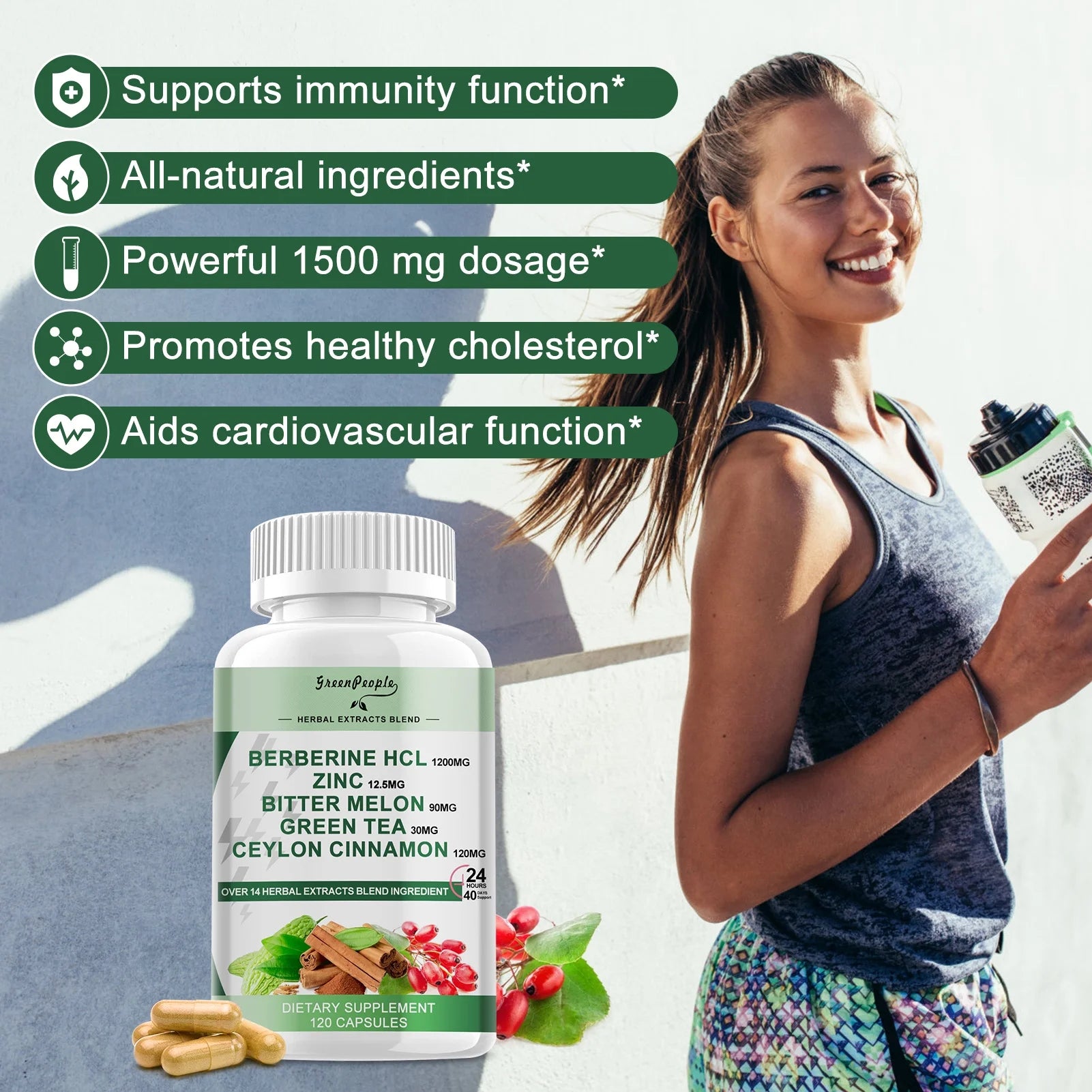 (2 Pack) Berberine HCL 1200mg, 120 Capsules Berberine Supplement- Plus Bitter Melon Extract & Ceylon Cinnamon for Immune System - GreenPeople