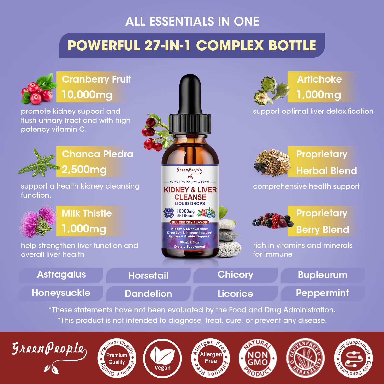 GreenPeople 27-in-1 kidney and liver support liquid drops with cranberry extract and blueberry flavor, non-GMO, 4 oz bottle.
