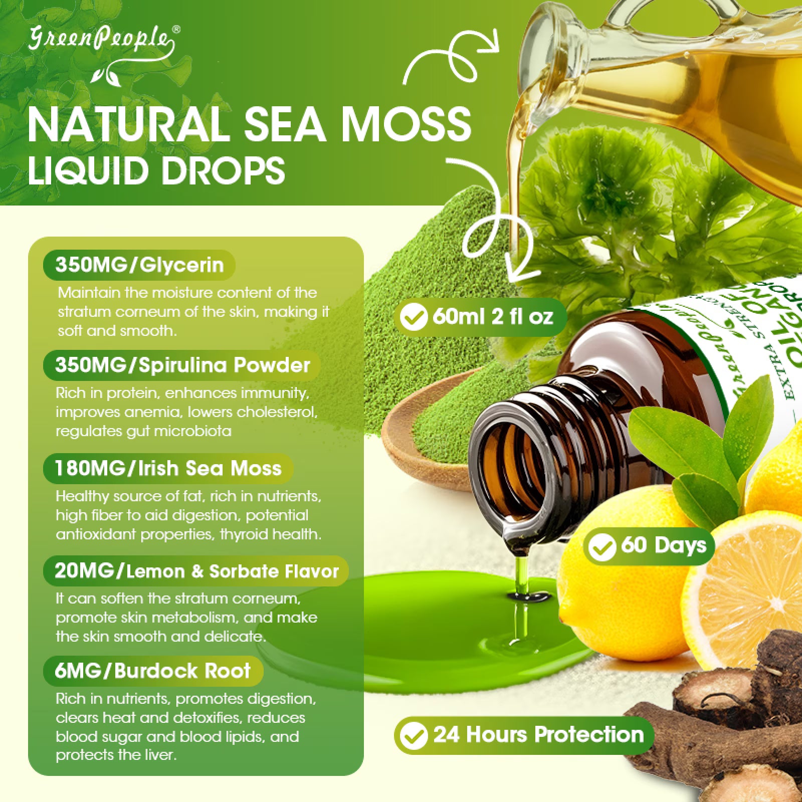 GreenPeople Irish Sea Moss liquid drops with burdock root and spirulina, 2 fl oz bottle showing the supplement liquid.