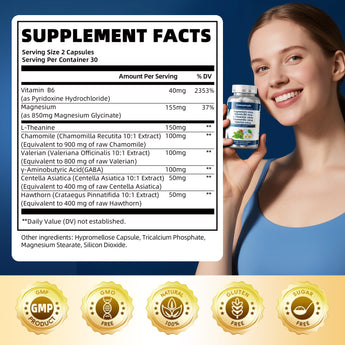 Magnesium Glycinate Capsules - Magnesium with Vitamin B6 & L-Theanine - 120 Capsules, 60 Servings