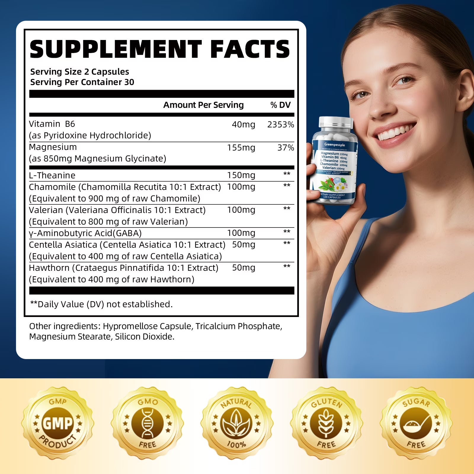 GreenPeople Magnesium Glycinate capsules with Vitamin B6 and L-Theanine, 120 capsules, showing the supplement bottle and capsules.