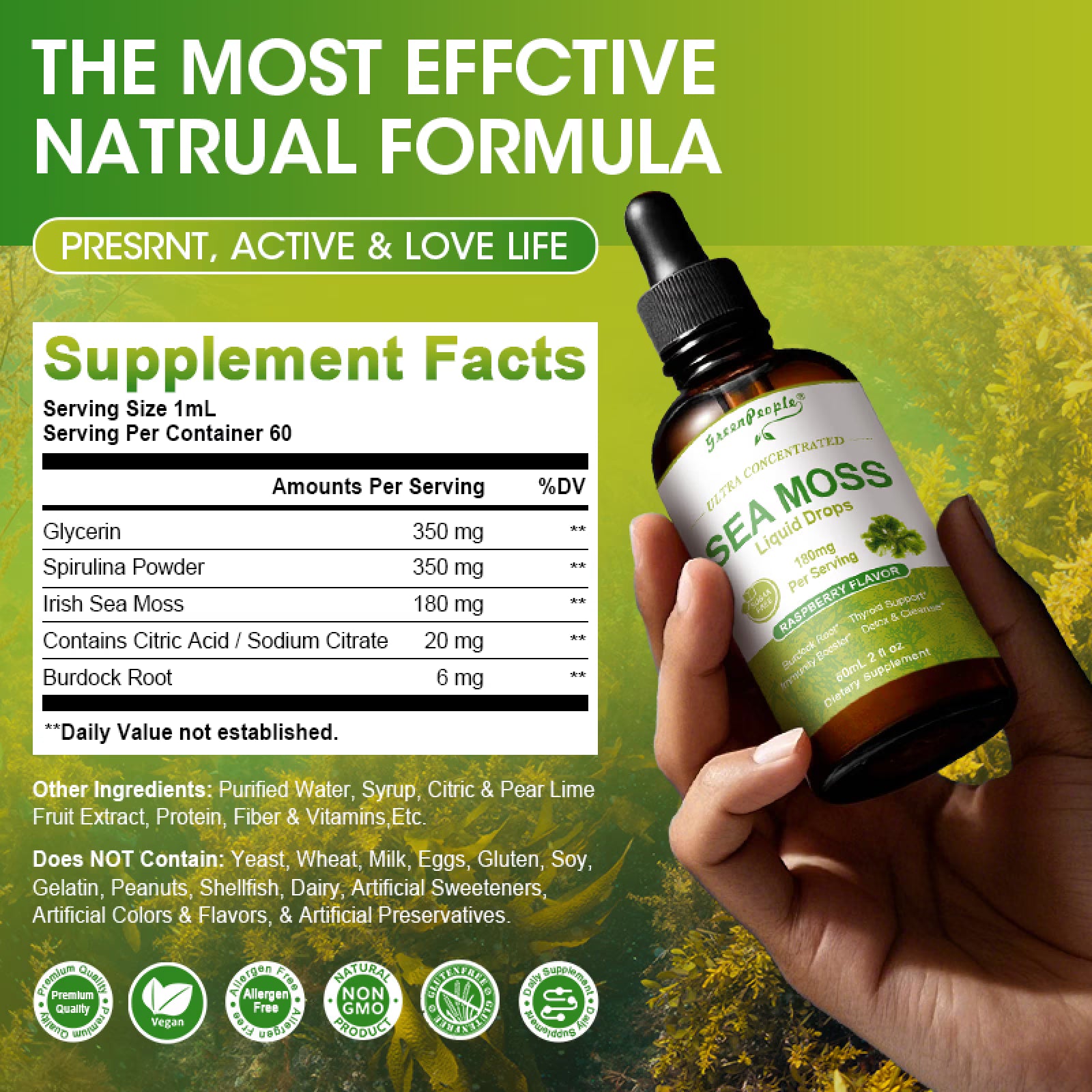 GreenPeople Irish Sea Moss Liquid Drops with burdock root and spirulina, 2 fl oz, featuring a dropper bottle and natural ingredients.