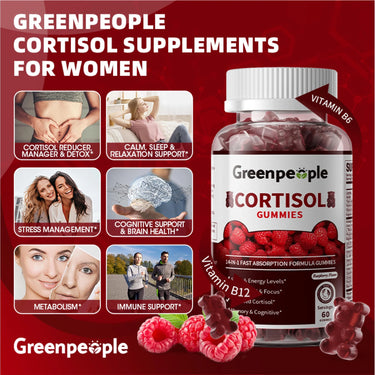 GreenPeople Cortisol Supplements for Women | Cortisol Support Gummies | 14-in-1 Fast Absorption Formula | Sleep & Energy Support | 60CT - GreenPeople