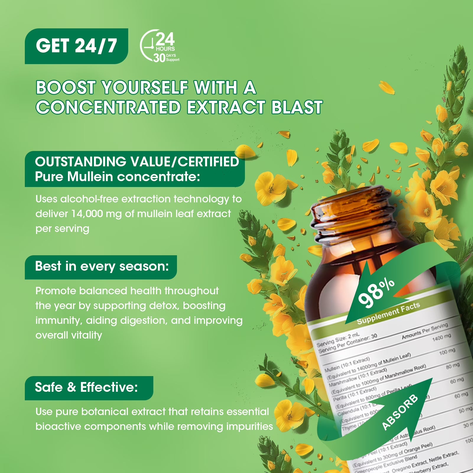 GreenPeople vegan mullein leaf extract drops in a 4 fl oz bottle, apple flavor, designed for lung cleansing and immune support.