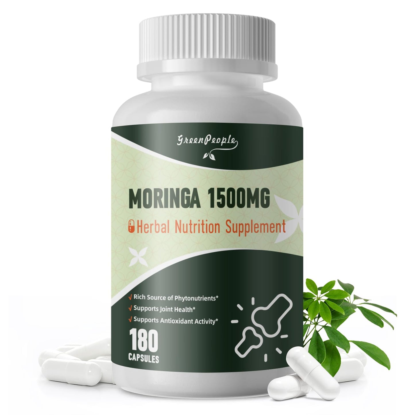 GreenPeople Moringa 1500mg Pure Capsules Supplement Supports Energy, Skin Health, Gut Health with Essential Vitamins & Amino Acids 180pcs