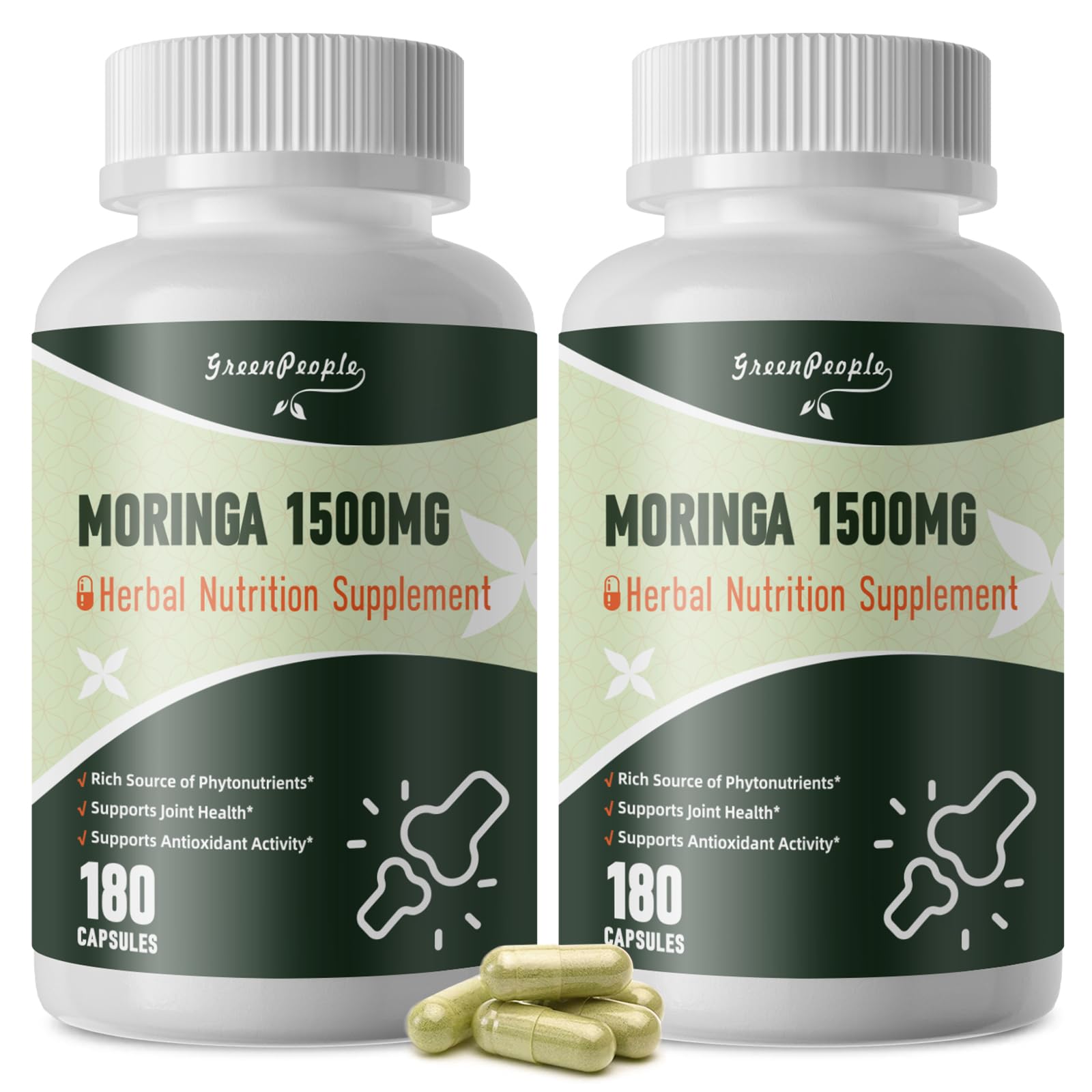 GreenPeople Moringa 1500mg Pure Capsules Supplement Supports Energy, Skin Health, Gut Health with Essential Vitamins & Amino Acids 180pcs - GreenPeople