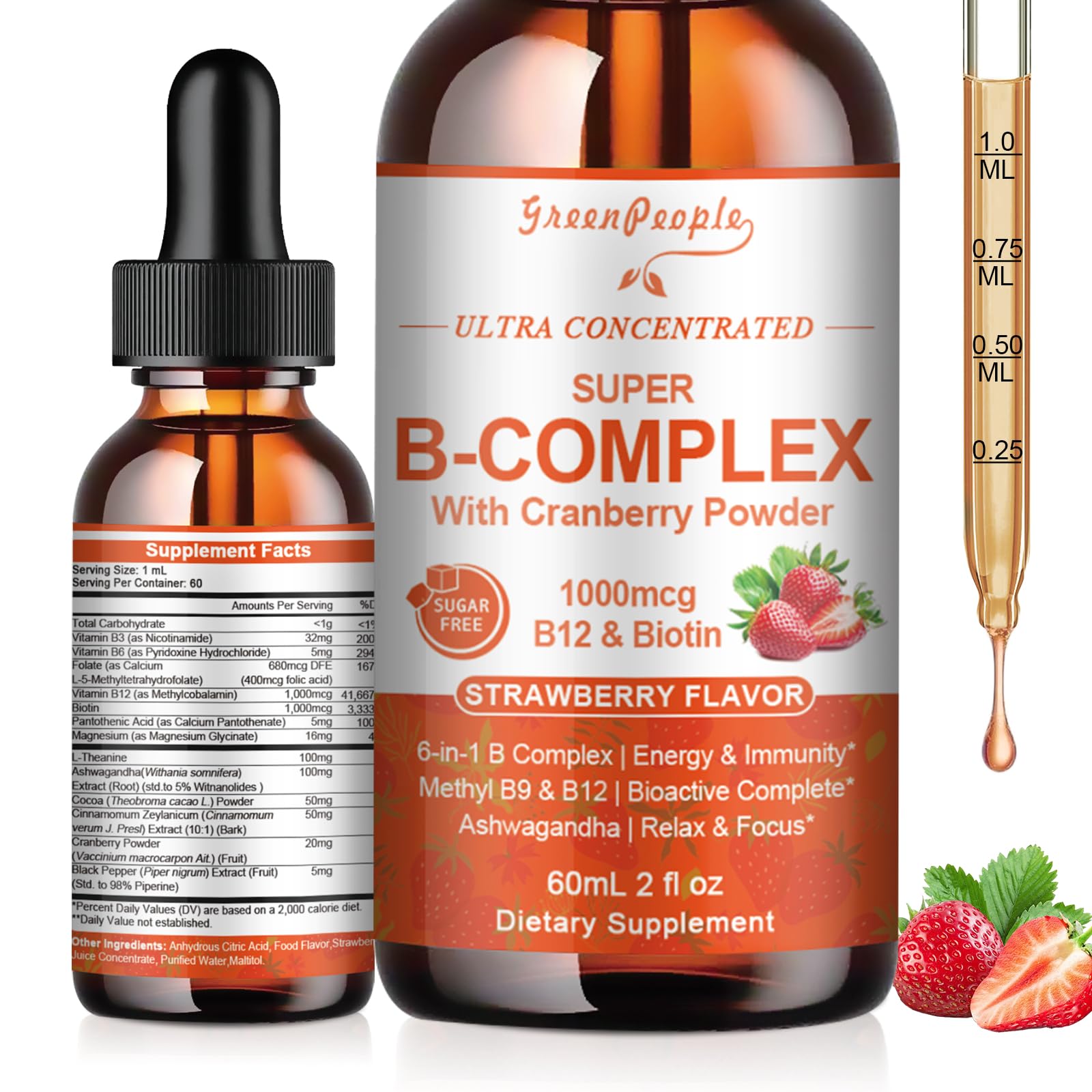 GREENPEOPLE Methylated B-Complex Liquid Drops | Methyl B12 + L-Methyl Folate | Energy & Metabolism Support | Strawberry Flavor | Vegan | 2 fl oz - GreenPeople