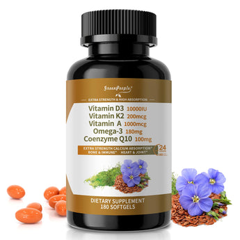 Vitamin D3 K2 Softgel – 5-in-1 Formula with Omega-3, CoQ10 & Vitamin A | 10,000 IU D3 + 200 mcg K2 MK-7 | Bone, Heart & Immune Support – 180 Softgels