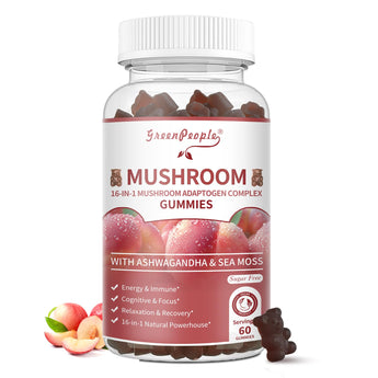 Mushroom & Ashwagandha Gummies – 10x Functional Mushroom Blend w/ Lion's Mane, Reishi, Cordyceps & Sea Moss – Vegan, Sugar-Free, Peach Flavor – 60 Ct