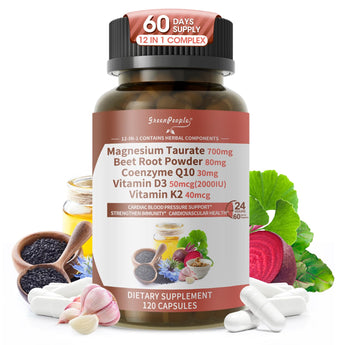 Magnesium Taurate Capsules, 12-in-1 Complex - Cardiovascular Health, Pressure Support, Immune Support, Absorption Magnesium Supplement for Women and Men,120 Capsules