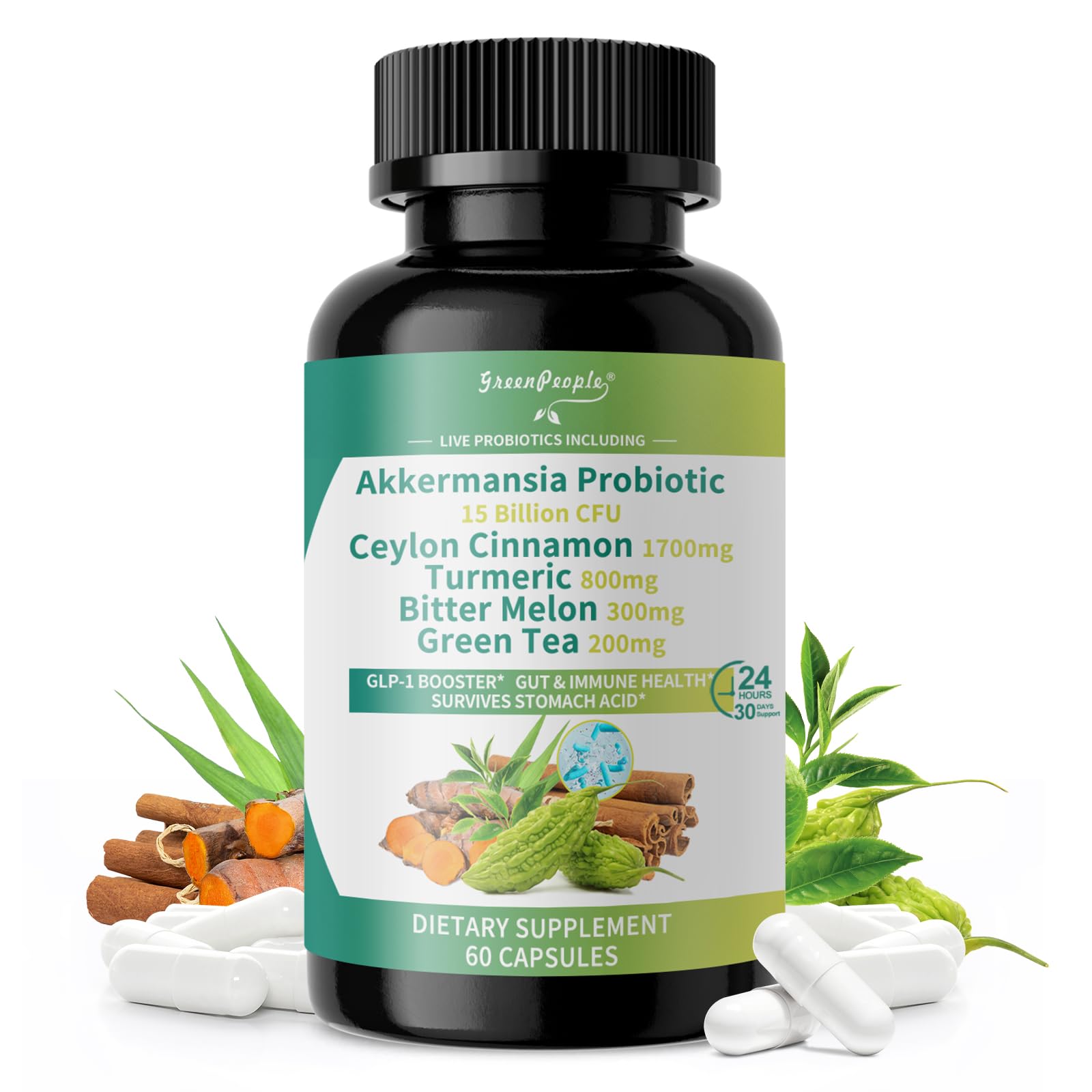 GreenPeople Akkermansia Probiotics 15B CFU with Ceylon Cinnamon & Turmeric – Gut & Metabolic Support, 60 Capsules - GreenPeople