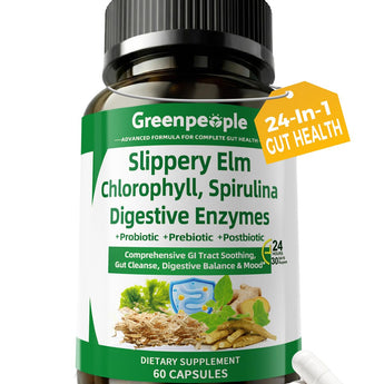 GreenPeople 4-in-1 gut health and mood support supplement capsules with slippery elm, enzymes, probiotics, prebiotics, and postbiotics.