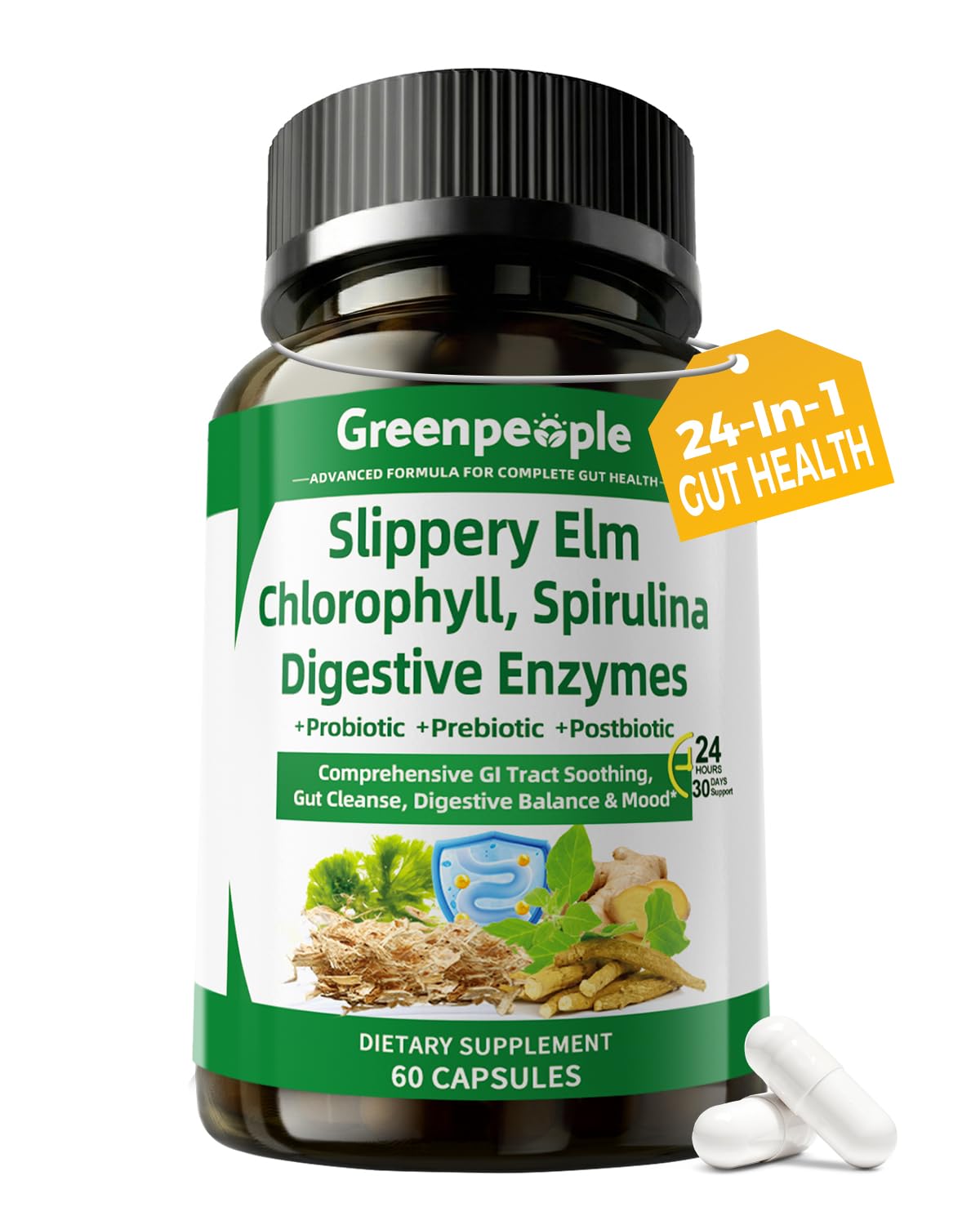 GreenPeople 4-in-1 gut health and mood support supplement capsules with slippery elm, enzymes, probiotics, prebiotics, and postbiotics.