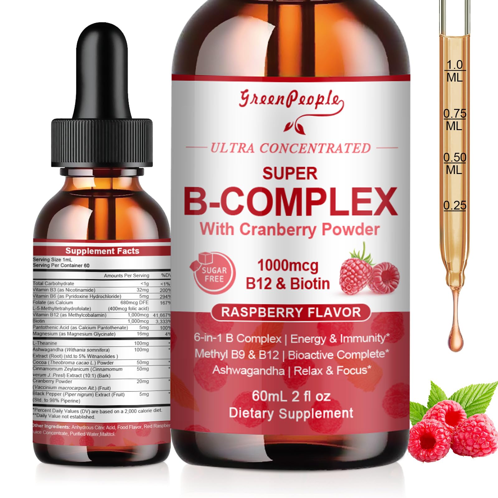 Super B Complex Liquid | B12 Methylcobalamin + Methyl Folate | B Vitamins Complex Liquid Drops with B3,B5,B6,B7, Ashwagandha & L-Theanine for Energy, Focus & Immunity, Vegan, 2fl Oz - GreenPeople