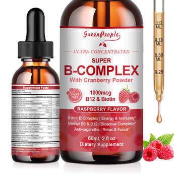 Super B Complex Liquid | B12 Methylcobalamin + Methyl Folate | B Vitamins Complex Liquid Drops with B3,B5,B6,B7, Ashwagandha & L-Theanine for Energy, Focus & Immunity, Vegan, 2fl Oz