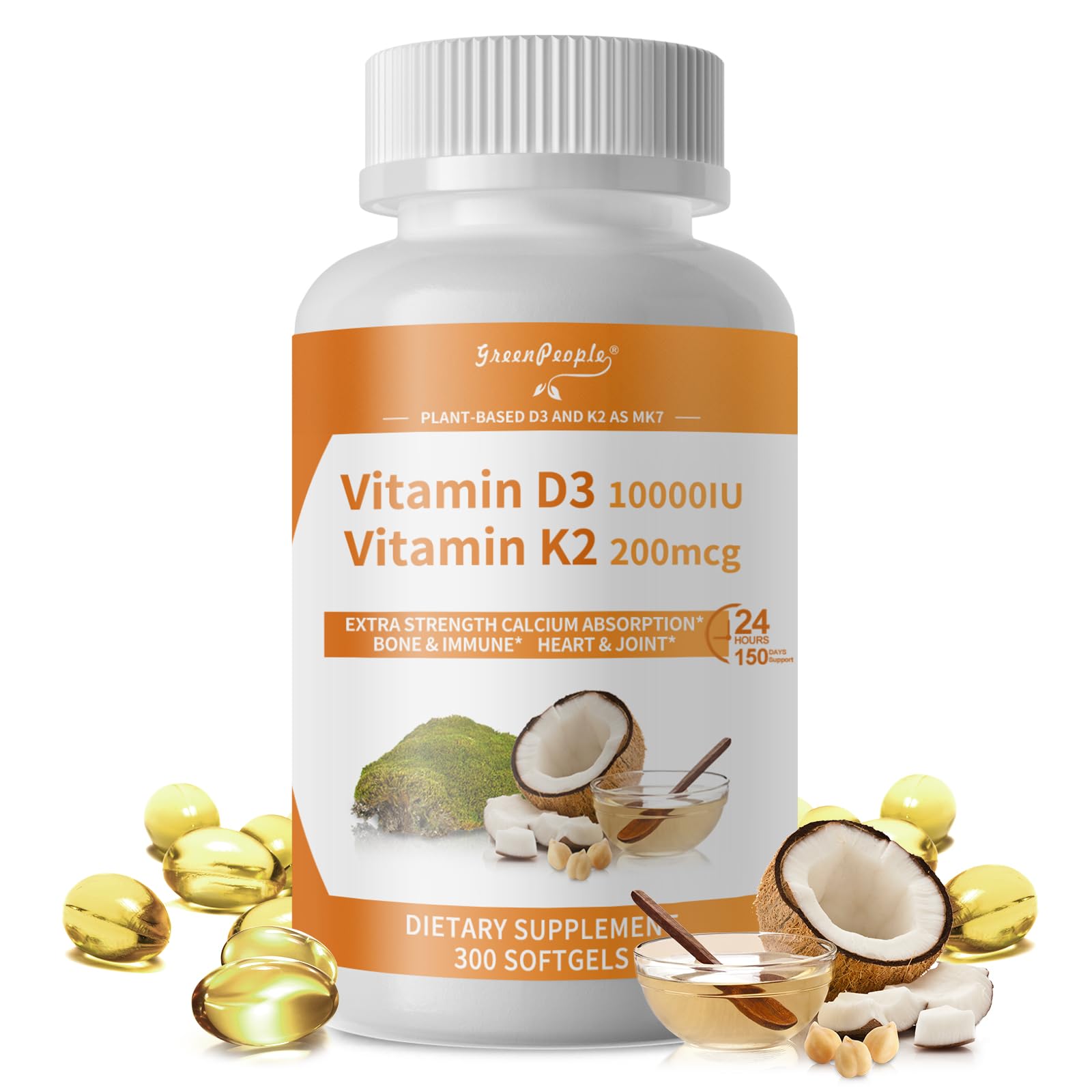 GreenPeople D3 K2 Vitamin Softgels Capsules Supplement MK7 Gluten Free and Non-GMO 300 Vegan Coconut Oil - GreenPeople