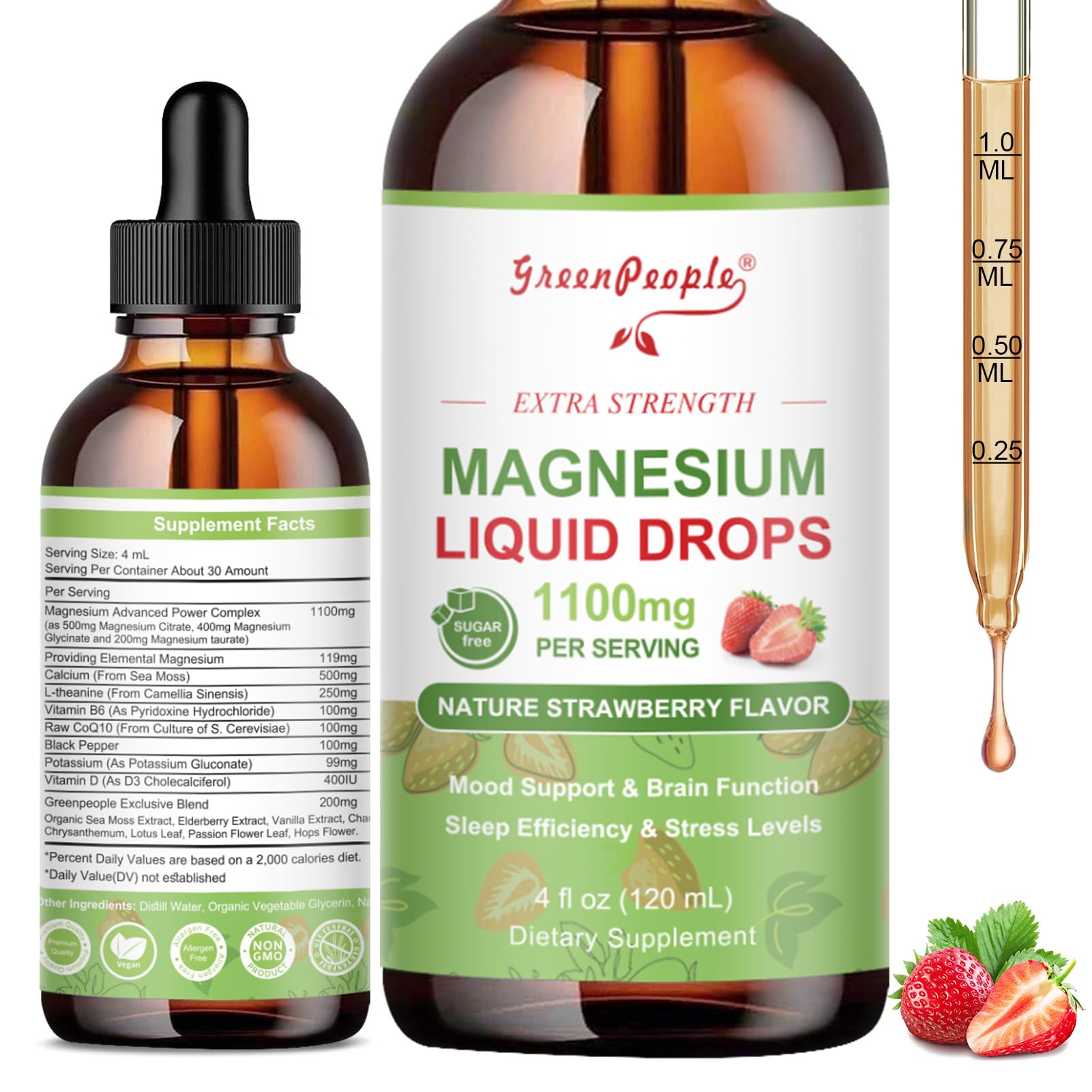 GreenPeople Magnesium Glycinate Liquid Drops – 17-in-1 High Absorption Magnesium for Sleep, Calm Mood & Daily Wellness, Strawberry Flavor - GreenPeople