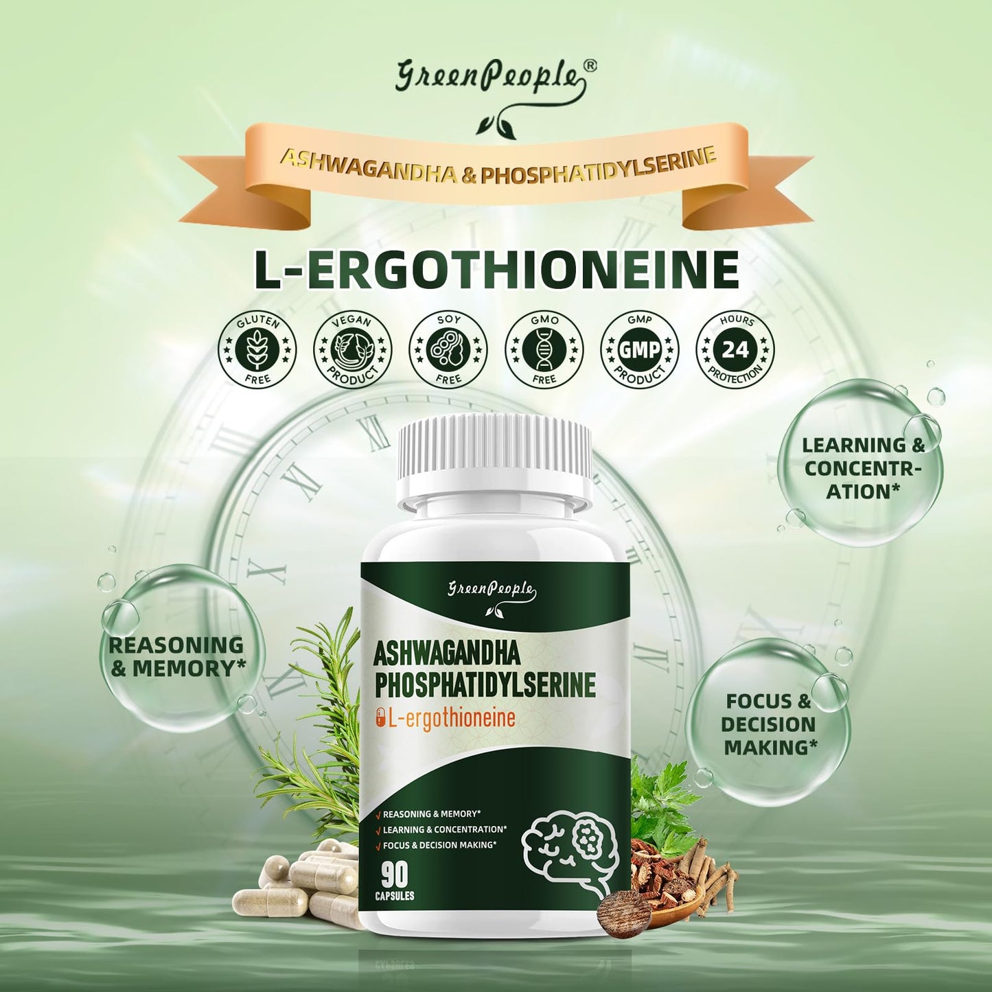 GreenPeole L-Ergothioneine Complex Capsules | 9-in-1 Brain Supplement with Ashwagandha & Phosphatidylserine