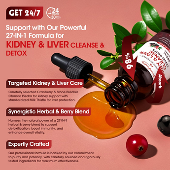 Kidney & Liver Cleanse Detox Drops – 27-in-1 Herbal Support with Cranberry 20:1, Milk Thistle, Chanca Piedra & Artichoke – Urinary Tract, Kidney & Liver Health – Vegan, Elderberry Flavor, 2 fl oz